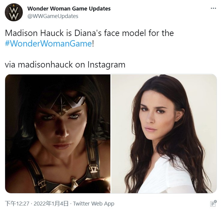 神奇女侠游戏脸模公布：美国女演员Madison Hauck